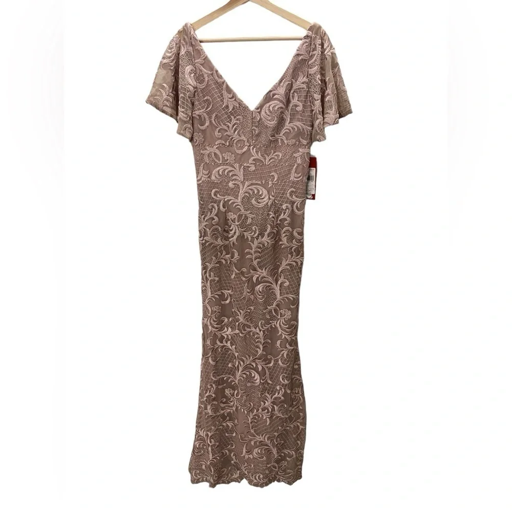 NWT Carmen Marc Valvo Infusion DUSTY ROSE Embroidered Flutter Sleeve Gown Size 6 - Picture 5 of 13
